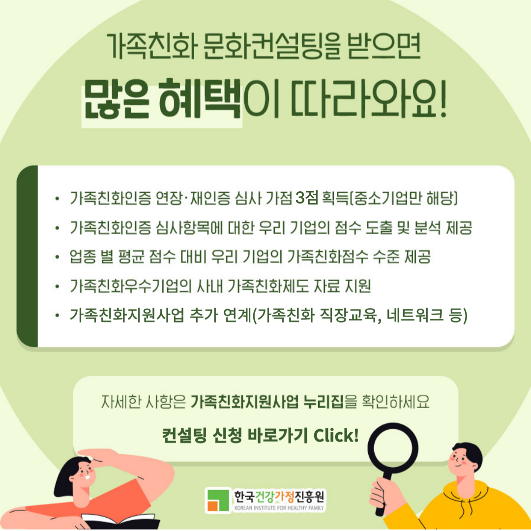 가족친화 문화컨설팅을 받으면 많은 혜택이 따라와요! 가족친화인증 연장·재인증 심사 가점 3점 획득(중소기업만 해당) 가족친화인증 심사항목에 대한 우리 기업의 점수 도출 및 분석 제공 업종 별 평균 점수 대비 우리 기업의 가족친화점수 수준 제공 가족친화우수기업의 사내 가족친화제도 자료 지원 가족친화지원사업 추가 연계(가족친화 직장교육, 네트워크 등) 자세한 사항은 가족친화지원사업 누리집을 확인하세요 컨설팅 신청 바로가기 Click! 한국건강가정진흥원