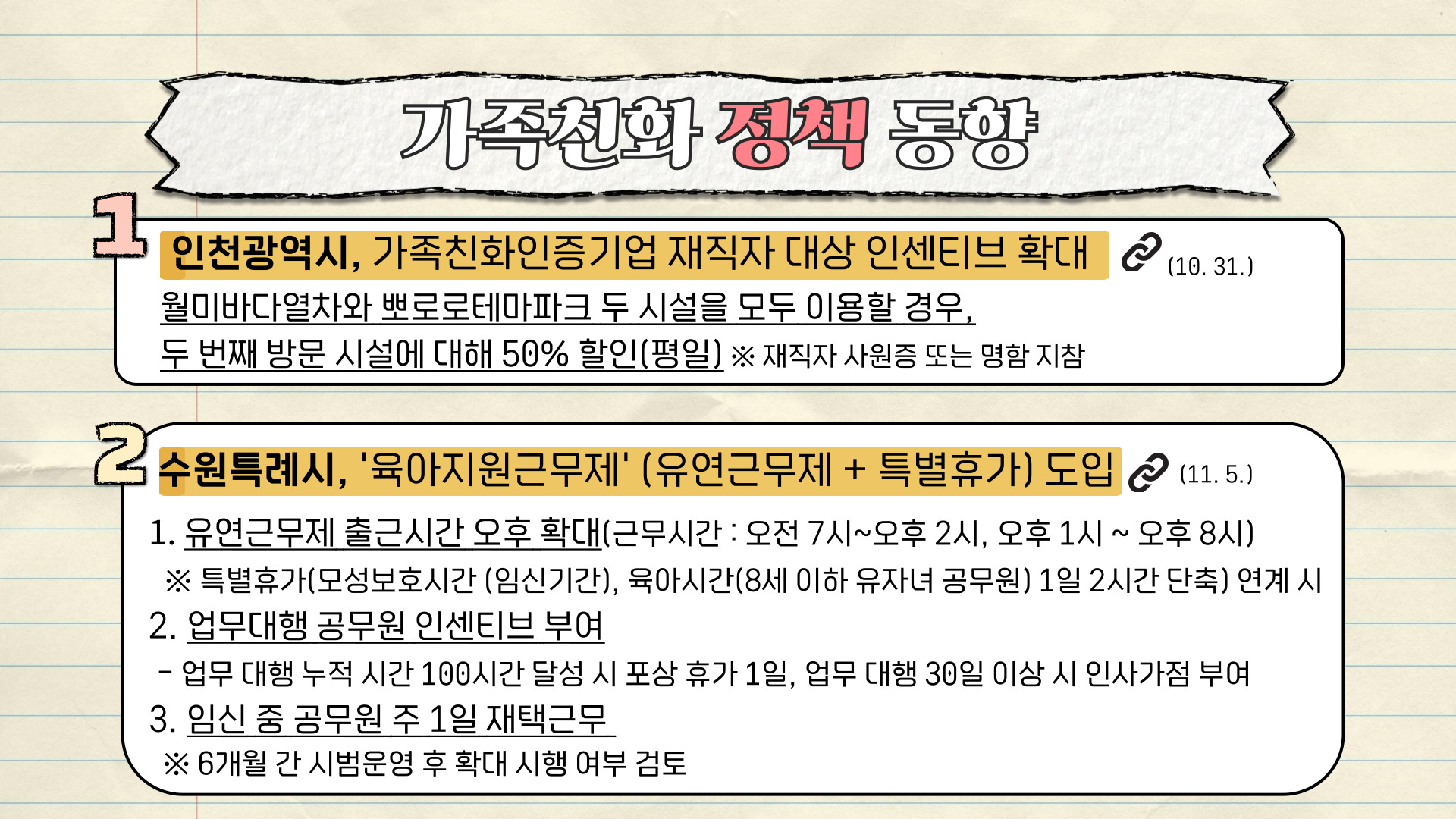 가족친화 정책 동향 1. 인천광역시, 가족친화인증기업 재직자 대상 인센티브 확대 (10.31.) : 월미바다열차와 뽀로로테마파크 두 시설을 모두 이용할 경우, 두 번째 방문 시설에 대해 50% 할인(평일) ※ 재직자 사원증 또는 명함 지참 2. 수원특례시, '육아지원근무제' (유연근무제 + 특별휴가) 도입 (11.5.) : (1)유연근무제 출근시간 오후 확대(근무시간 : 오전 7시~오후 2시, 오후 1시 ~ 오후 8시) ※ 특별휴가(모성보호시간 (임신기간), 육아시간(8세 이하 유자녀 공무원) 1일 2시간 단축) 연계 시 (2)업무대행 공무원 인센티브 부여 -업무 대행 누적시간 100시간 달성 시 포상 휴가 1일, 업무 대행 30일 이상 시 인사가점 부여 (3)임신 중 공무원 주 1일 재택근무 ※6개월 간 시범운영 후 확대 시행 여부 검토 