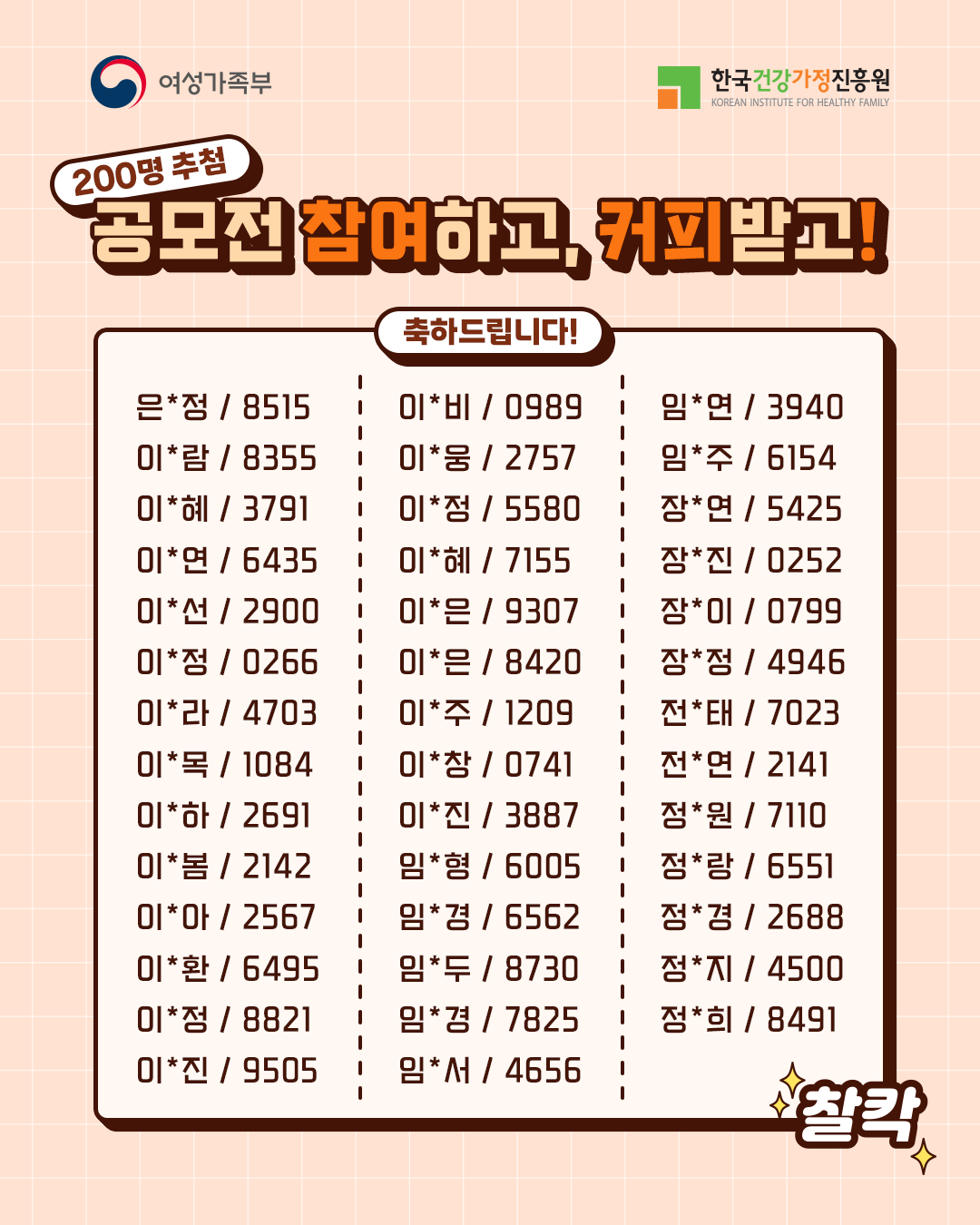 200명 추첨 공모전 참여하고, 커피받고! 축하드립니다! 은*정 / 8515, 이*람 / 8355, 이*혜 / 3791, 이*연 / 6435, 이*선 / 2900, 이*정 / 0266, 이*라 / 4703, 이*록 / 1084, 이*하 / 2691, 이*봄 / 2142, 이*아 / 2567, 이*환 / 6495, 이*정 / 8821, 이*진 / 9505, 이*비 / 0989, 이*용 / 2757, 이*정 / 5580, 이*혜 / 7155, 이*은 / 9307, 이*은 / 8420, 이*주 / 1209, 이*창 / 0741, 이*진 / 3887, 임*형 / 6005, 임*경 / 6562, 임*두 / 8730, 임*경 / 7825, 임*서 / 4656, 임*연 / 3940, 임*주 / 6154, 장*연 / 5425, 장*진 / 0252, 장*이 / 0799, 장*정 / 4946, 전*태 / 7023, 전*연 / 2141, 정*원 / 7110, 정*랑 / 6551, 정*경 / 2688, 정*지 / 4500, 정*희 / 8491