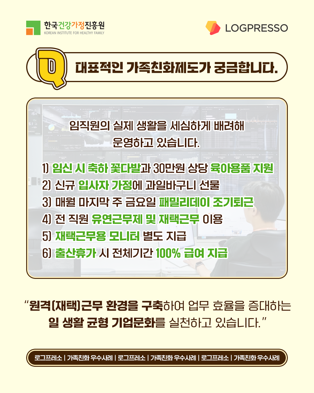 대표적인 가족친화제도가 궁금합니다. 임직원의 실제 생활을 세심하게 배려해 운영하고 있습니다. 1) 임신 시 축하 꽃다발과 30만 원 상당 육아용품 지원 2) 신규 입사자 가정에 과일바구니 선물 3) 매월 마지막 주 금요일 패밀리데이 조기퇴근 4) 전 직원 유연근무제 및 재택근무 이용 5) 재택근무용 모니터 별도 지급 6) 출산휴가 시 전체기간 100% 급여 지급. “원격(재택)근무 환경을 구축하여 업무 효율을 증대하는 일·생활 균형 기업문화를 실천하고 있습니다.”