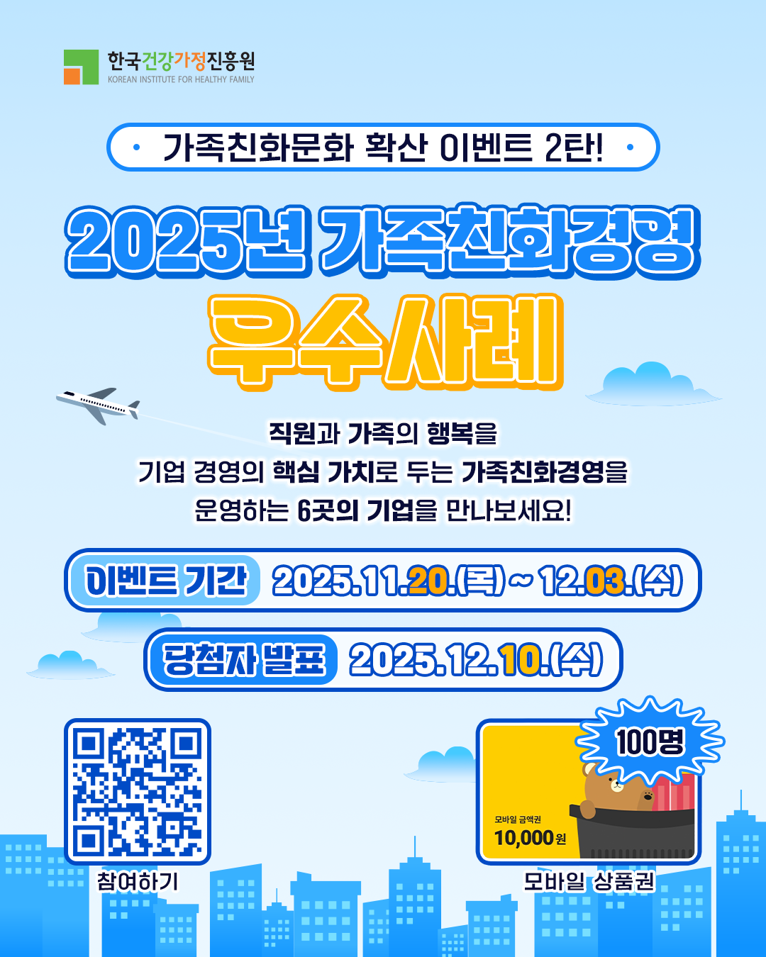 한국건강가정진흥원 가족친화문화 확산 이벤트 2탄! 2025년 가족친화경영 우수사례 직원과 가족의 행복을 기업 경영의 핵심 가치로 두는 가족친화경영을 운영하는 6곳의 기업을 만나보세요! 이벤트 기간 2025.11.20.(목) ~ 12.03.(수) 당첨자 발표 2025.12.10.(수) 참여하기 모바일 금액권 10,000원 모바일 상품권 100명
