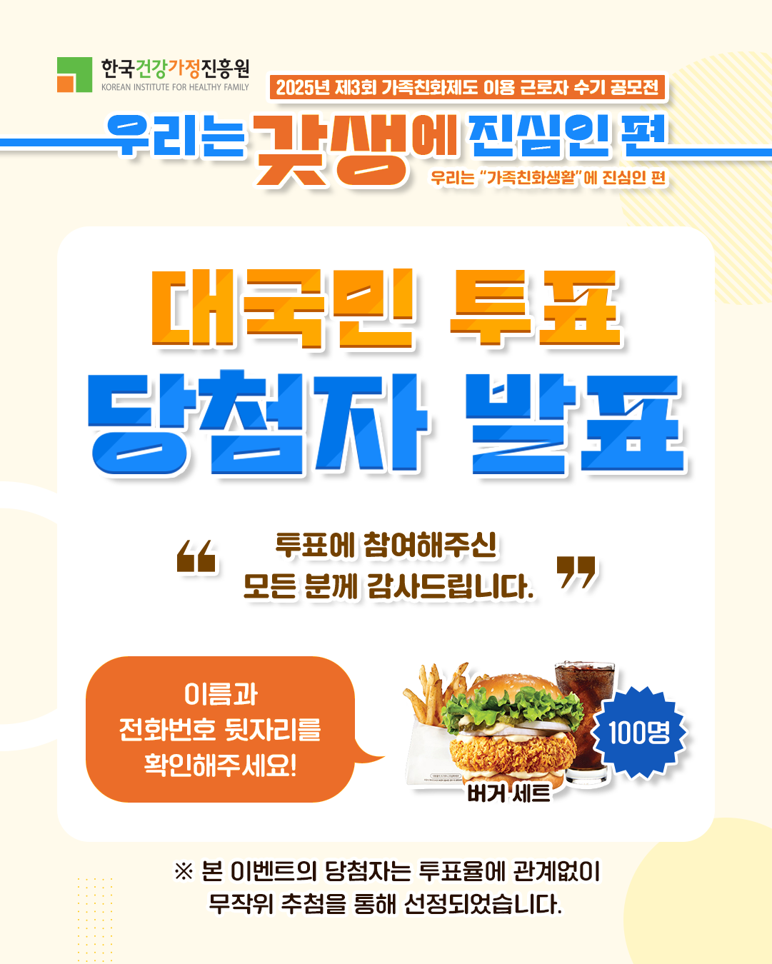 한국건강가정진흥원 2025년 제3회 가족친화제도 이용 근로자 수기 공모전 우리는 갓생에 진심인 편 우리는 '가족친화생활'에 진심인 편 대국민 투표 당첨자 발표 투표에 참여해주신 모든 분께 감사드립니다. 이름과 전화번호 뒷자리를 확인해주세요! 버거세트 100명 ※ 본 이벤트의 당첨자는 투표율에 관계없이 무작위 추첨을 통해 선정되었습니다.