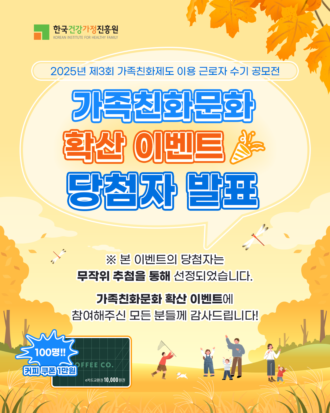 한국건강가정진흥원 2025년 제3회 가족친화제도 이용 근로자 수기 공모전 가족친화문화 확산 이벤트 당첨자 발표 ※ 본 이벤트의 당첨자는 무작위 추첨을 통해 선정되었습니다. 가족친화문화 확산 이벤트에 참여해주신 모든 분들께 감사드립니다! 100명!! 커피 쿠폰 1만원 (아메리카노 10,000원권)