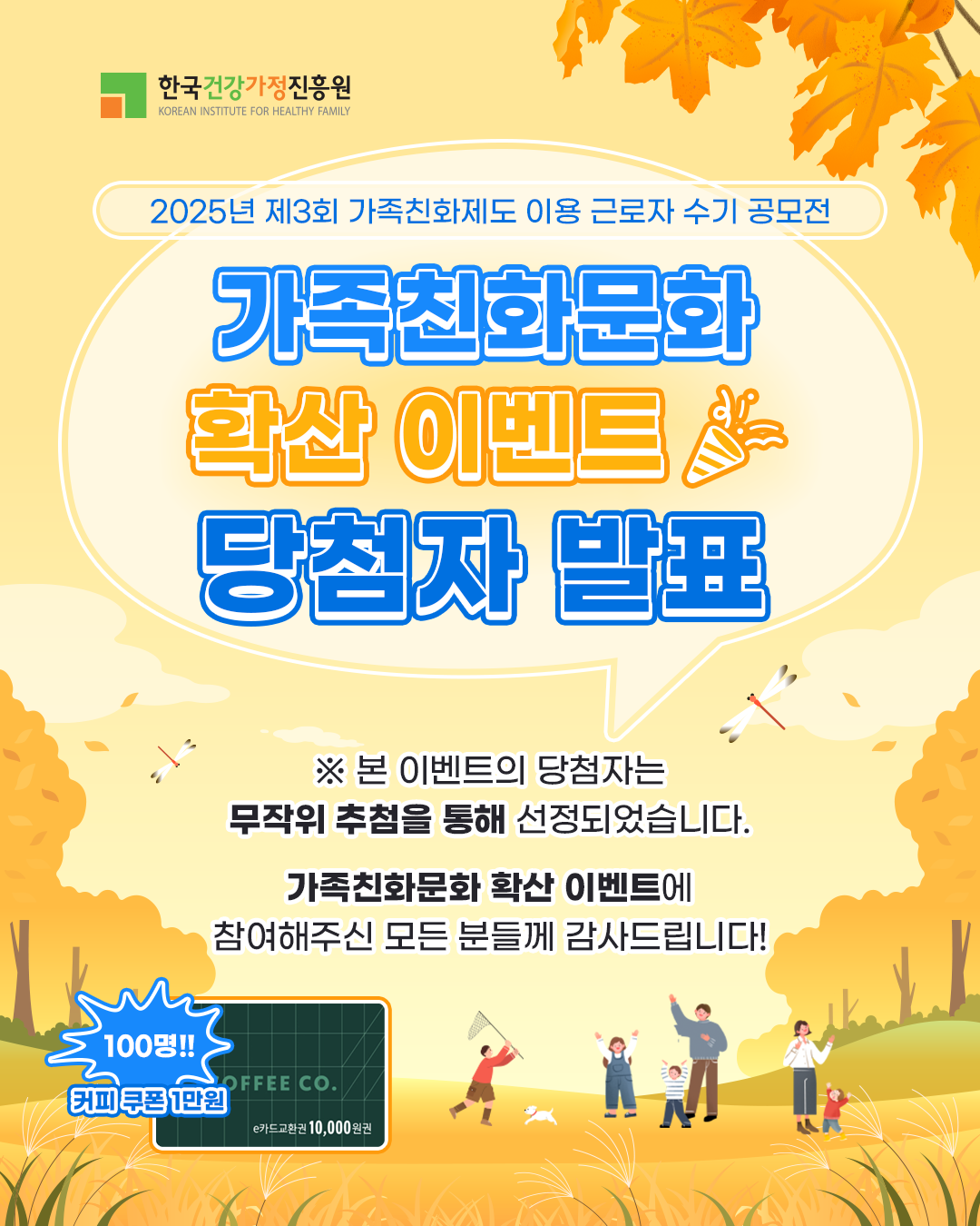 한국건강가정진흥원 2025년 제3회 가족친화제도 이용 근로자 수기 공모전 가족친화문화 확산 이벤트 당첨자 발표 ※ 본 이벤트의 당첨자는 무작위 추첨을 통해 선정되었습니다. 가족친화문화 확산 이벤트에 참여해주신 모든 분들께 감사드립니다! 100명!! 커피 쿠폰 1만원 (아메리카노 10,000원권)