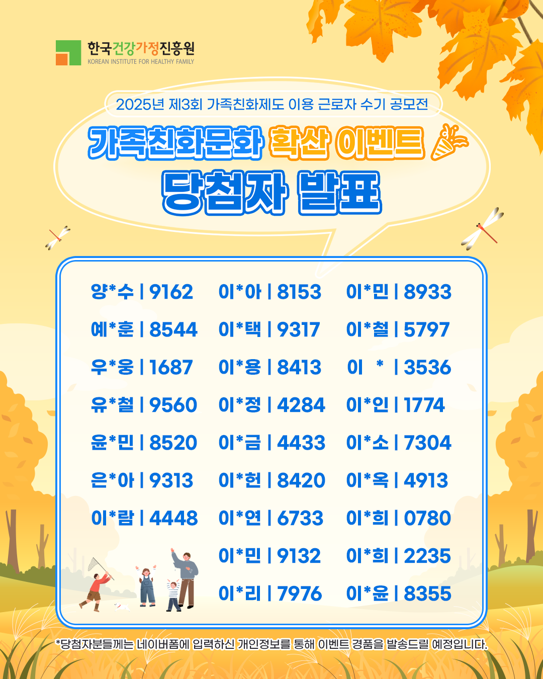 2025년 제3회 가족친화제도 이용 근로자 수기 공모전 가족친화문화 확산 이벤트 당첨자 발표 양*수 9162 이*아 8153 이*민 8933 예*훈 8544 이*택 9317 이*철 5797 우*웅 1687 이*용 8413 이* 3536 유*철 9560 이*정 4284 이*인 1774 윤*민 8520 이*금 4433 이*소 7304 은*아 9313 이*현 8420 이*옥 4913 이*람 4448 이*연 6733 이*희 0780 이*민 9132 이*희 2235 이*리 7976 이*윤 8355