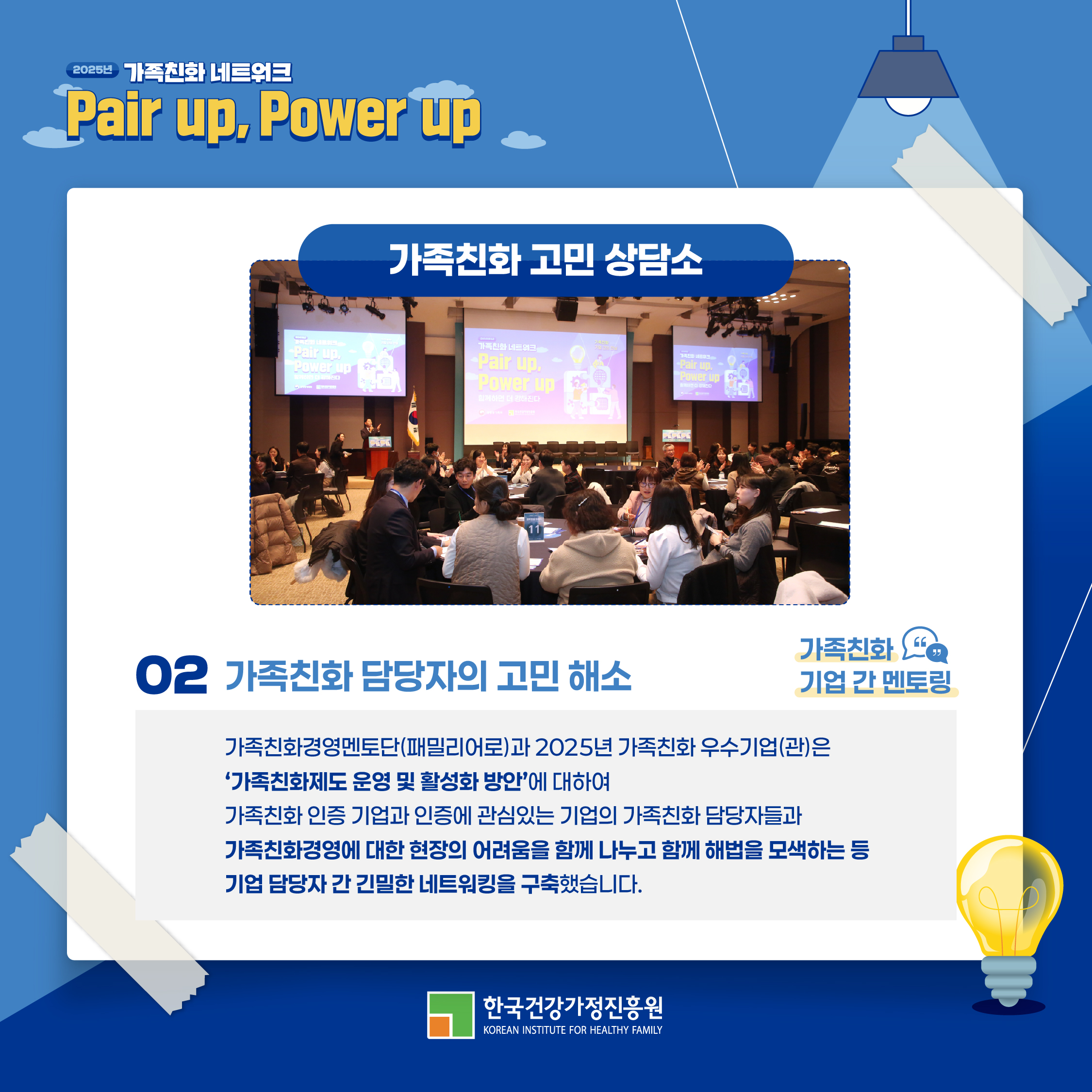 2025년 가족친화 네트워크 Pair up, Power up 가족친화 고민 상담소 02 가족친화 담당자의 고민 해소 가족친화경영멘토단(패밀리어로)과 2025년 가족친화 우수기업(관)은 가족친화제도 운영 및 활성화 방안에 대하여 가족친화 인증 기업과 인증에 관심있는 기업의 가족친화 담당자들과 가족친화경영에 대한 현장의 어려움을 함께 나누고 함께 해법을 모색하는 등 기업 담당자 간 긴밀한 네트워킹을 구축했습니다. 가족친화 기업 간 멘토링 한국건강가정진흥원