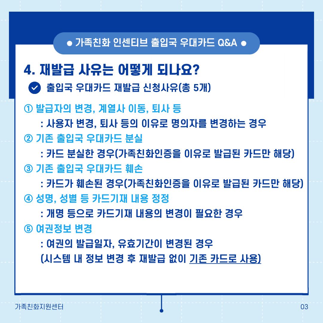 가족친화 인센티브 출입국 우대카드 Q&A 4. 재발급 사유는 어떻게 되나요? 출입국 우대카드 재발급 신청사유(총 5개) ① 발급자의 변경, 계열사 이동, 퇴사 등 : 사용자 변경, 퇴사 등의 이유로 명의자를 변경하는 경우 ② 기존 출입국 우대카드 분실 : 카드 분실한 경우(가족친화인증을 이유로 발급된 카드만 해당) ③ 기존 출입국 우대카드 훼손 : 카드가 훼손된 경우(가족친화인증을 이유로 발급된 카드만 해당) ④ 성명, 성별 등 카드기재 내용 정정 : 개명 등으로 카드기재 내용의 변경이 필요한 경우 ⑤ 여권정보 변경 : 여권의 발급일자, 유효기간이 변경된 경우 (시스템 내 정보 변경 후 재발급 없이 기존 카드로 사용)
